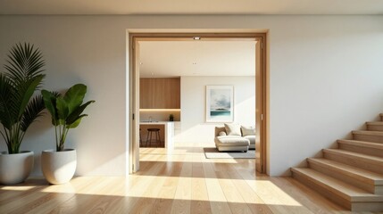 Fototapeta premium Sunlit Minimalist Home Interior with Open Doorway Revealing Kitchen and Living Area, Hardwood Floors, and Wooden Staircase