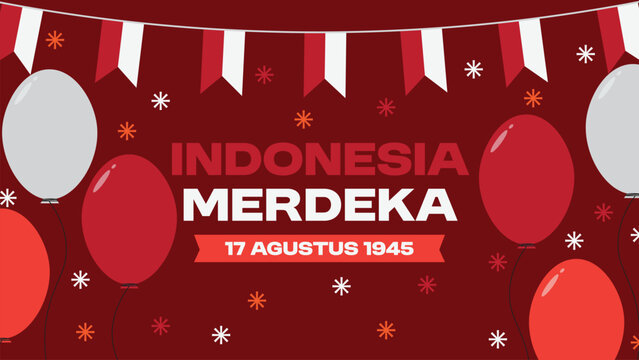 Red Independence Day celebration background featuring Indonesian flags, balloons, decorative bunting, and festive elements commemorating Indonesia's independence on August 17.