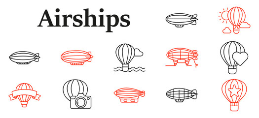 Airships set icon. Zeppelin, balloon aircraft, flying transport, aviation tourism, airborne adventure, travel technology, floating vehicle illustration collection. © Кирилл Макаров