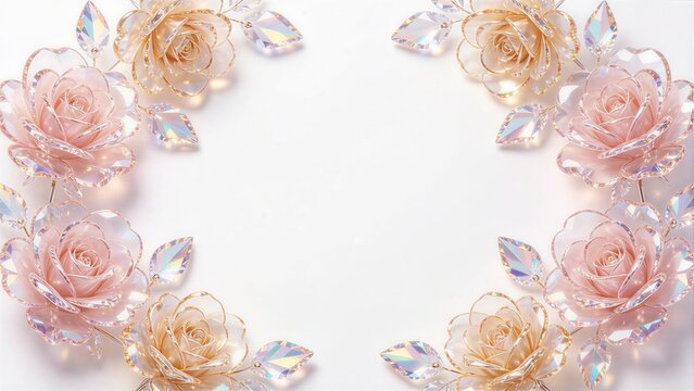 Rich floral frame graphic with beautiful blush pink and apricot orange crystal glass rose flowers, clear vines and iridescent crystal leaves, clean white background, brilliant jewel floral design