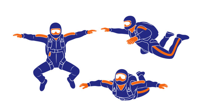 Set of Skydiving Athletes in Freefall Poses Vector Illustration