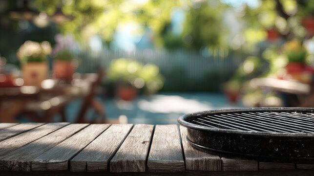 Empty black circular metal barbecue grill grate sitting on a weathered rustic wooden table surface outdoors in bright natural sunlight