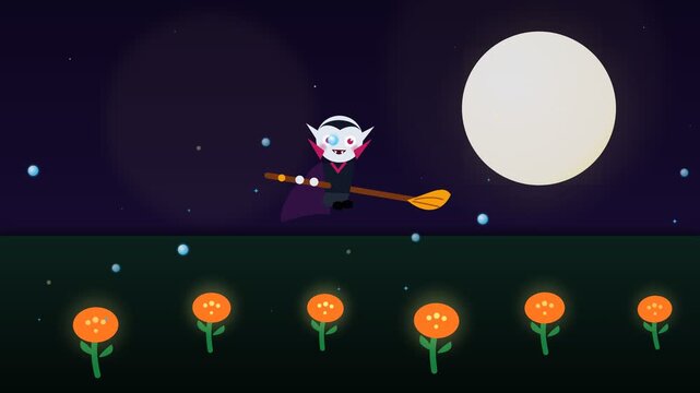 Animated Vampire Flying on a Broomstick Over Glowing Halloween Pumpkins at Night.