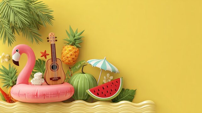 Vibrant summer elements including a pink flamingo float a small ukulele a pineapple and fresh watermelon on yellow background scene