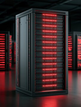 Server Rack Illuminates With Red Error Lights in Dark Data Center Signaling System Failure and Ongoing Malfunction