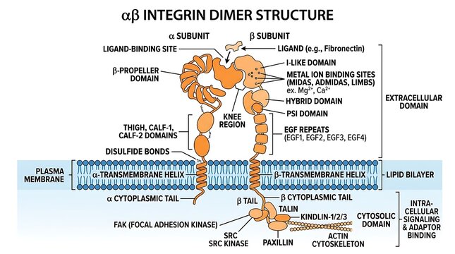 Scientific diagram of integrin dimer protein structure in cell membrane
