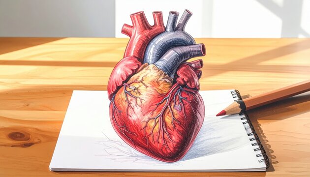 Detailed anatomical heart drawing with colored pencils on sketchpad art