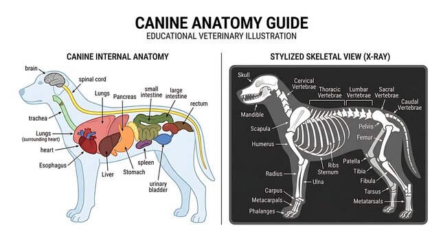 Educational canine anatomy guide with internal organs and skeletal system