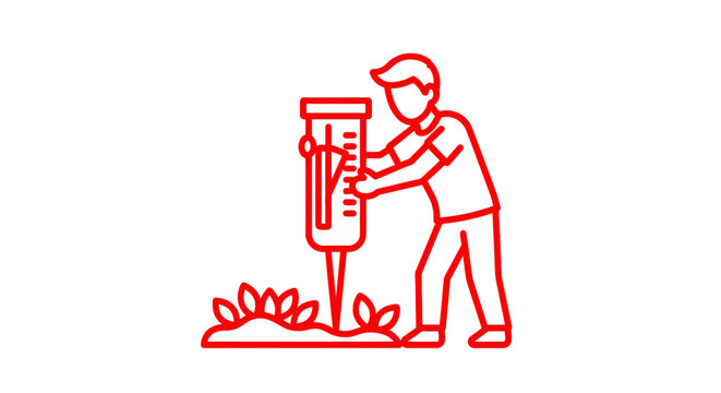 Person using a parking meter in a garden setting.