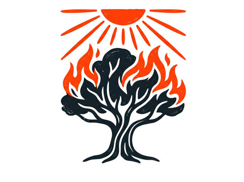 Blazing tree, burning forest, fiery landscape, orange flames