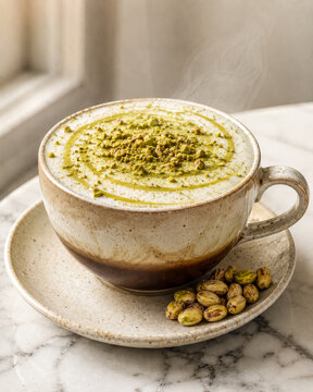 Hot Pistachio Latte in Artisan Speckled Ceramic Cup with Green Pistachio Powder Dusting and Syrup Drizzle on White Marble, Steam Rising, Specialty Coffee Garnish
