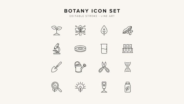 Botany icons set illustrating plant science tools and elements in simple line art style . Vector. Illustration.