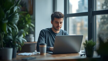 Fototapeta premium Young Professional Working Remotely from a Modern Home Office