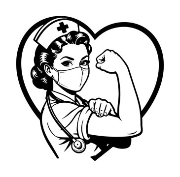 Nurse depicted as a strong healthcare professional wearing a face mask and flexing her arm inside a heart symbol for heroic impact.
