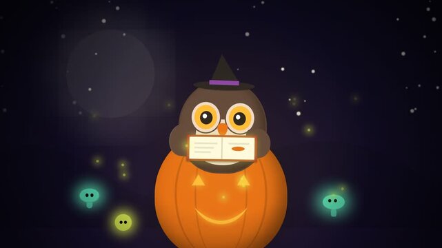 Cute Cartoon Owl Wearing Witch Hat Sitting Inside A Glowing Halloween Pumpkin.