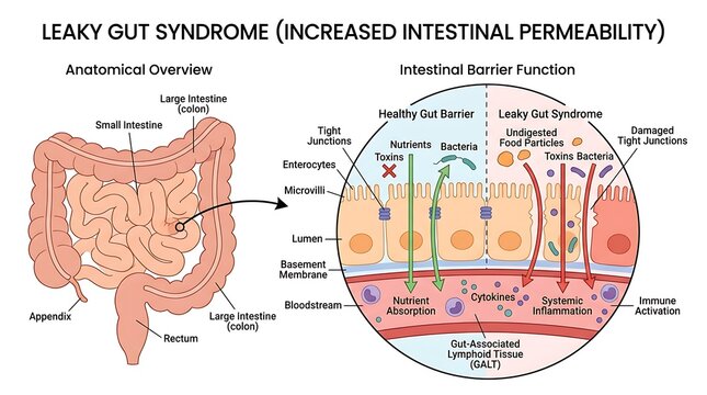 Leaky gut syndrome infographic explaining increased intestinal permeability