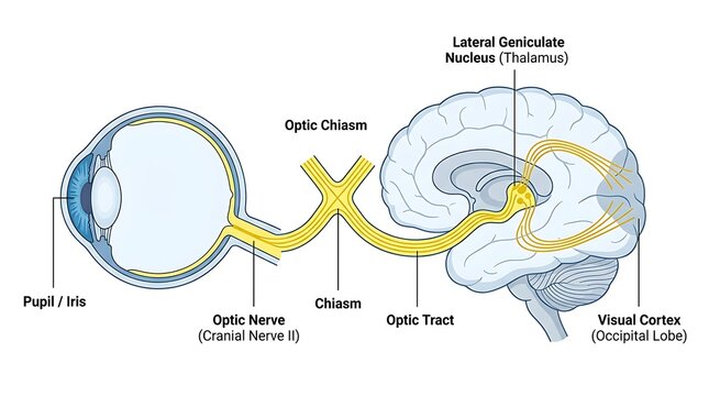 Medical illustration of human visual system anatomy and connections