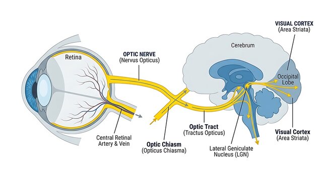 Anatomical diagram of the human eye and visual pathway to the brain