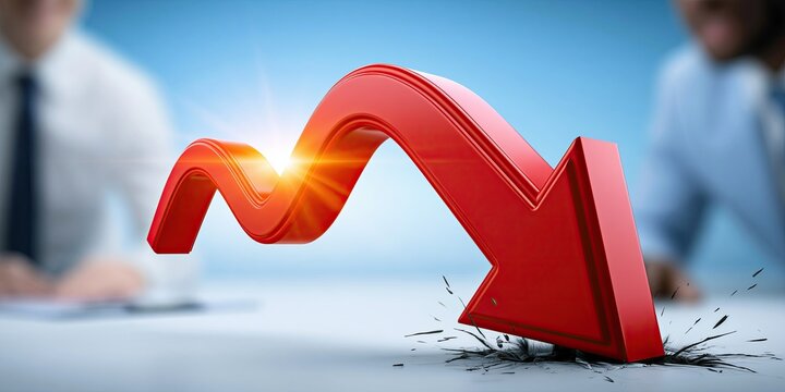 A crisp white background featuring a striking red arrow curving downwards, representing a drop or reduction.