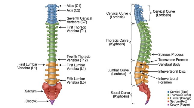 Anatomical diagram of the human vertebral column showing colored bone regions