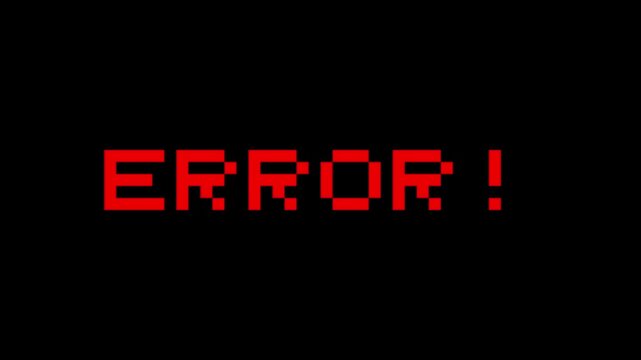 Retro style pixelated red error message flashes on a black background, Glitchy screen effect