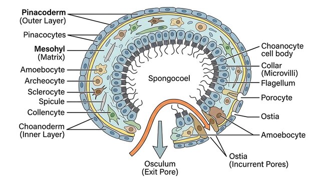 Anatomical diagram of sponge cell structure and water flow with cross section