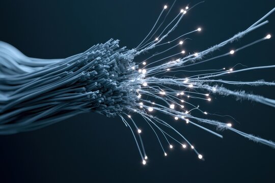Cinematic 3D Render of Fiber Optic Cable Bundle Showing Single Strand Breaking With Other Strands Starting to Fray on Dark Background