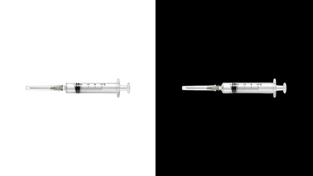 Medical syringe with needle on split black and white background, sterile hypodermic injector for vaccination, clinical plastic syringe for healthcare
