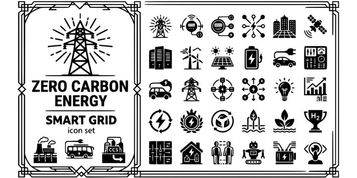 Smart Grid Future Art Deco Black White-Sunburst Tower Crest Zero Carbon-Energy Vector-Future Icon Art Deco-Smart Grid Design Set