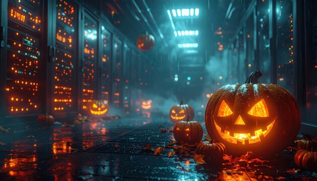 Halloween pumpkins in a high-tech data center server room.