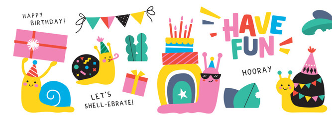 Set of isolated cute little snail in cartoon style. Birthday party vector illustration for greeting card, invitation, stickers, prints © BrixStudioIN