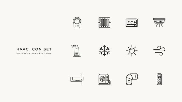 Minimalist hvac system icon set with editable stroke for various heating and cooling devices . Vector. Illustration.