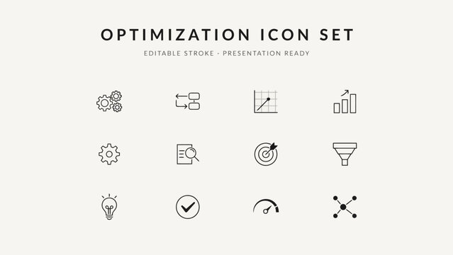 Set of twelve minimalist optimization and improvement icons for presentations and web design . Vector. Illustration.