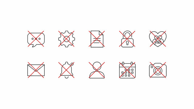 Set of ten universally recognized red prohibition and restriction icons with crossed out symbols . Vector. Illustration.