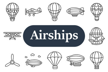 Airships set icon. Hot air balloon, airplane, zeppelin, propeller, parachute, flying ship, aviation transport, adventure travel, air navigation, vintage flight, aerostat technology. © Кирилл Макаров