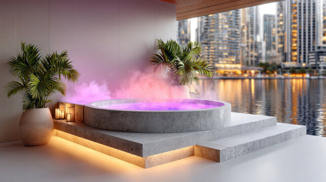 Rooftop jacuzzi at night terrace with city lights and colored steam for luxury spa background and banner design