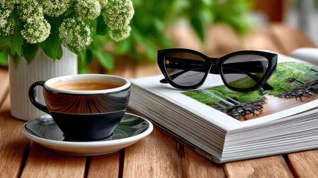 Street cafe scene with coffee cup sunglasses and travel guide book on wooden table for lifestyle background and travel blog image