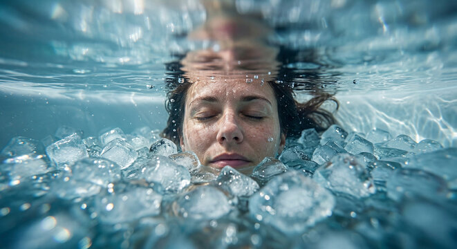 Person Cooling Off in Ice Bath During Extreme Summer Heatwave