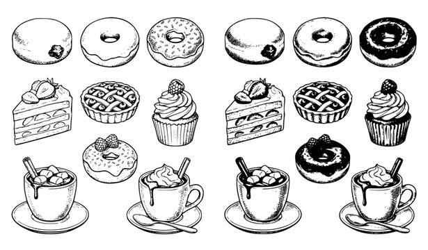 Vintage Donuts Berry Cakes and Hot Chocolate Sketch Vector Set EPS10