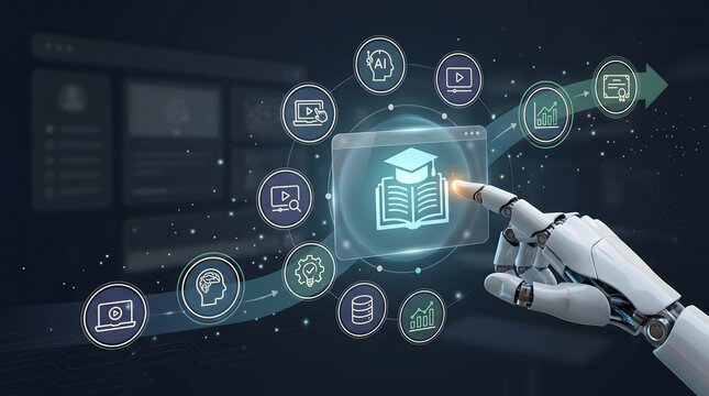Automated machine learning educational journey. Robotic hand tracing digital roadmap of online courses transforming knowledge into certified skills using smart artificial intelligence technology.