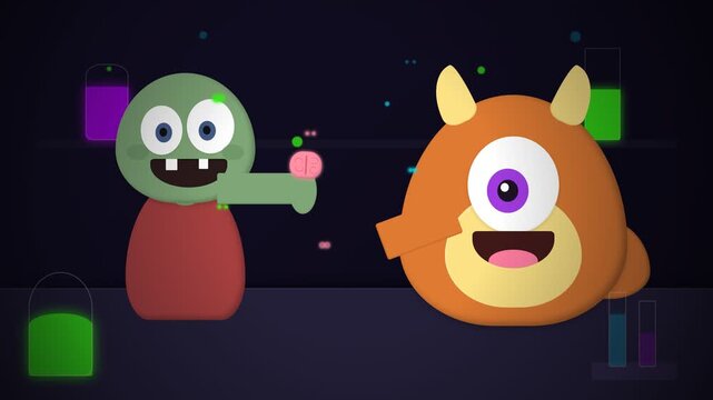 Animated Cartoon Characters Zombie and Cyclops Monster Having Fun Together.