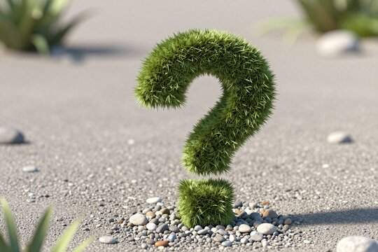 A question mark made out of grass on a gravel ground