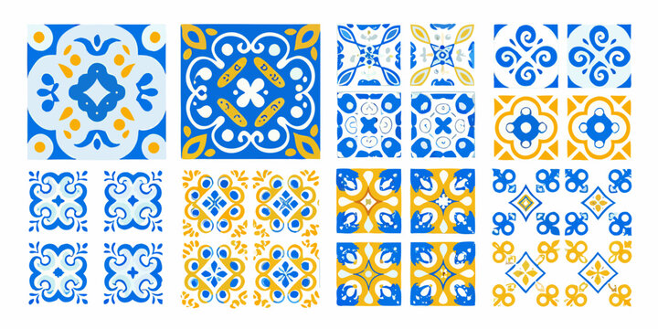 Blue And Yellow Ornamental Tile Patterns On White Background