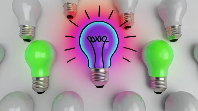Glowing blue light bulb animation appearing among static white bulbs representing a creative idea in this digital motion clip