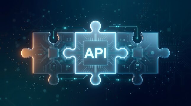 Application programming interface digital connection. Glowing blue tech puzzle pieces merging to symbolize software development, seamless network integration and database exchange.