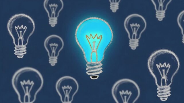 Glowing light bulb animation showing a bright idea concept on a dark blue background in this creative digital video motion
