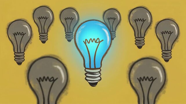 Glowing blue lightbulb animation standing out among multiple grey sketched bulbs on a vibrant yellow background for creative video motion