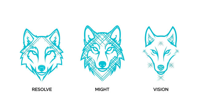 Three stylized wolf heads with resolve might vision text.