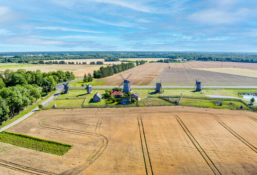 Angla Windmills and Heritage Center on Saaremaa Island, Estonia, Aerial View