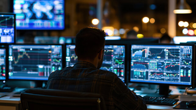 Back view of a person at a desk with multiple monitors showing data